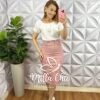 Saia Sarja Com Elastano Mídi Fenda Lateral Nice - Rosa - Milla Chic