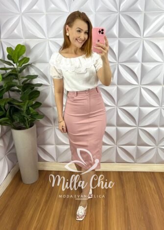 Saia Sarja Com Elastano Mídi Fenda Lateral Nice - Rosa - Milla Chic