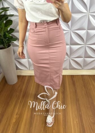 Saia Sarja Com Elastano Mídi Fenda Lateral Nice - Rosa - Milla Chic