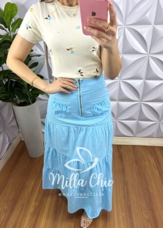 Milla Chic - millachic com br saia sarja longa pala na cintura e ziper talia azul 1 Saia Sarja Longa Pala Na Cintura e Zíper Tália - Azul - Milla Chic