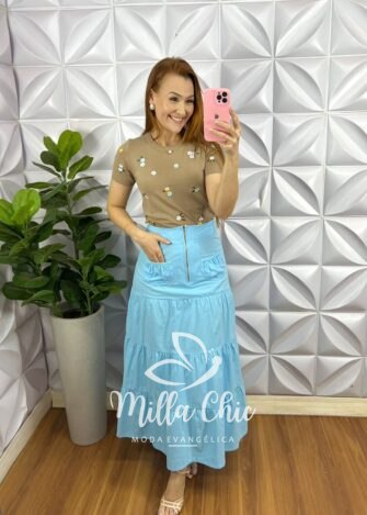 Milla Chic - millachic com br saia sarja longa pala na cintura e ziper talia azul 4 Saia Sarja Longa Pala Na Cintura e Zíper Tália - Azul - Milla Chic