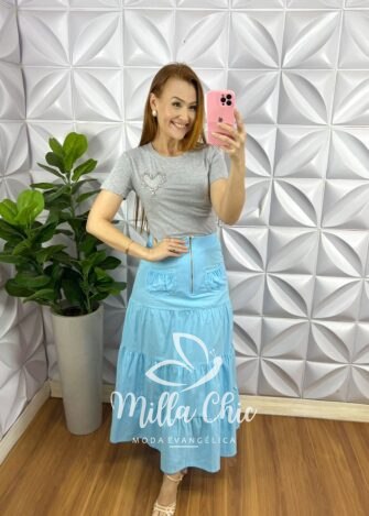 Saia Sarja Longa Pala Na Cintura e Zíper Tália - Azul - Milla Chic