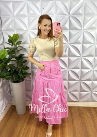 Milla Chic - millachic com br saia sarja longa pala na cintura e ziper talia rosa Saia Sarja Longa Pala Na Cintura e Zíper Tália - Rosa - Milla Chic