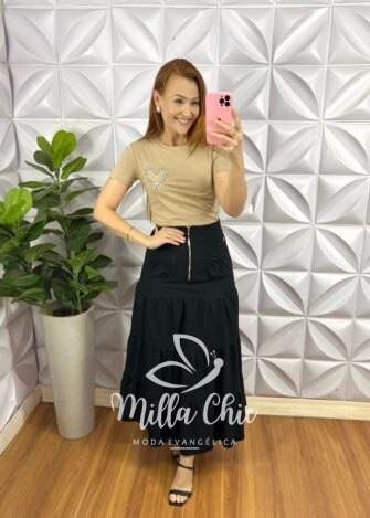 Saia Sarja Longa Pala Na Cintura e Zíper Tália - Preto - Milla Chic