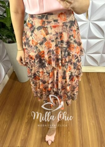 Saia Tule Mídi Tres Marias Com Babados Renata - Laranja - Milla Chic
