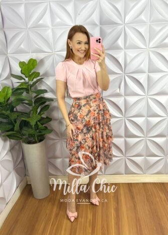 Saia Tule Mídi Tres Marias Com Babados Renata - Laranja - Milla Chic