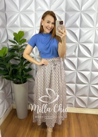 Saia Viscose Com Lastex Na Cintura E Fenda Lateral Leticia - Areia Com Azul - Milla Chic