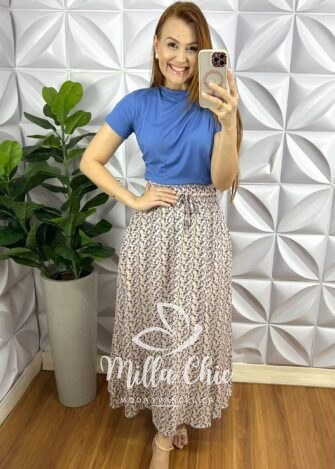 Milla Chic - millachic com br saia viscose com lastex na cintura e fenda lateral leticia areia com az 3 Saia Viscose Com Lastex Na Cintura E Fenda Lateral Leticia - Areia Com Azul - Milla Chic