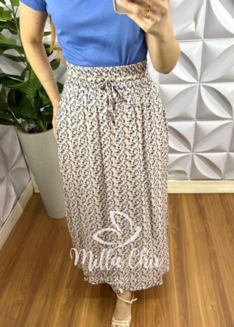 Saia Viscose Com Lastex Na Cintura E Fenda Lateral Leticia - Areia Com Azul - Milla Chic