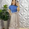 Saia Viscose Com Lastex Na Cintura E Fenda Lateral Leticia - Areia Com Azul - Milla Chic