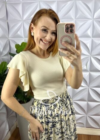 Saia Viscose Com Lastex Na Cintura Longa Quitéria - Creme Com Azul - Milla Chic