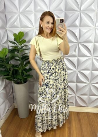 Saia Viscose Com Lastex Na Cintura Longa Quitéria - Creme Com Azul - Milla Chic