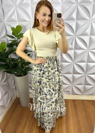 Saia Viscose Com Lastex Na Cintura Longa Quitéria - Creme Com Azul - Milla Chic