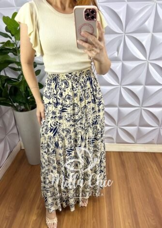 Saia Viscose Com Lastex Na Cintura Longa Quitéria - Creme Com Azul - Milla Chic