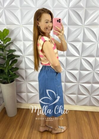 Tshirt Viscolycra Manga Muscle Listrada Maraisa - Rosa - Milla Chic