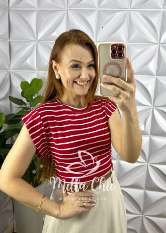 Tshirt Viscolycra Manga Muscle Listrada Maraisa - Vermelho - Milla Chic