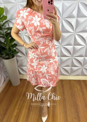 Vestido Alfaiataria Com Barra Plissada Estampado Georgina - Pêssego e Branco - Milla Chic