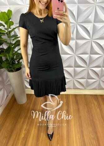 Vestido Alfaiataria Com Barra Plissada Georgina - Preto - Milla Chic