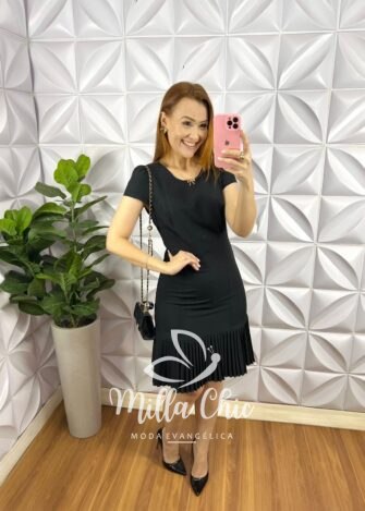 Vestido Alfaiataria Com Barra Plissada Georgina - Preto - Milla Chic