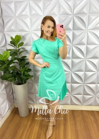 Vestido Alfaiataria Com Barra Plissada Georgina - Verde Agua - Milla Chic