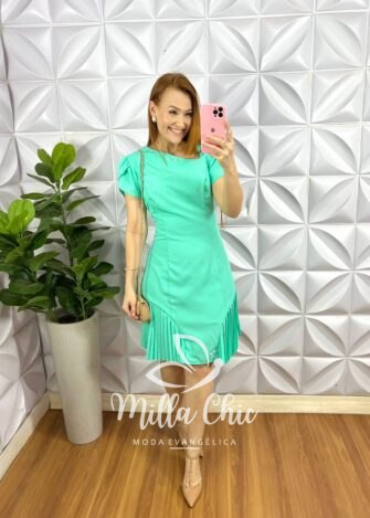 Vestido Alfaiataria Com Barra Plissada Georgina - Verde Agua - Milla Chic