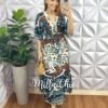 Vestido Alfaiataria Estampado Mídi Com Lastex Faby - Verde - Milla Chic