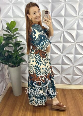 Vestido Alfaiataria Estampado Mídi Com Lastex Faby - Verde - Milla Chic