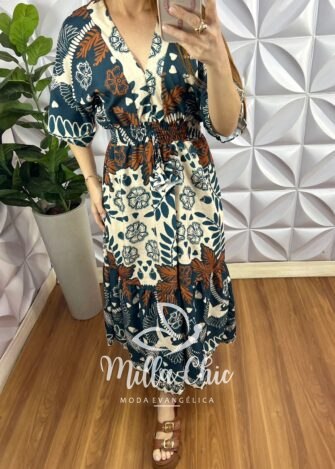 Vestido Alfaiataria Estampado Mídi Com Lastex Faby - Verde - Milla Chic