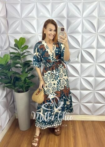 Vestido Alfaiataria Estampado Mídi Com Lastex Faby - Verde - Milla Chic