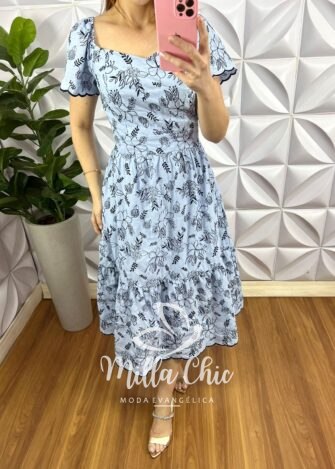 Vestido Cambraia de Linho Bordado Floral Mídi Evase Taina - Azul - Milla Chic