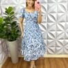 Vestido Cambraia de Linho Bordado Floral Mídi Evase Taina - Azul - Milla Chic