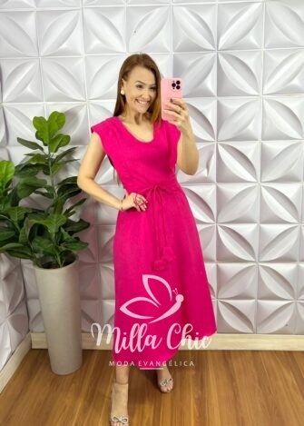 Vestido Cambraia de Linho Com Poliéster Manga Muscle Com Zíper Naiane - Pink - Milla Chic