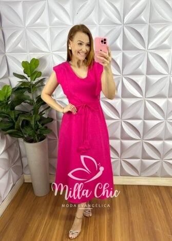 Vestido Cambraia de Linho Com Poliéster Manga Muscle Com Zíper Naiane - Pink - Milla Chic