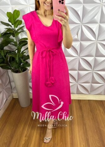 Vestido Cambraia de Linho Com Poliéster Manga Muscle Com Zíper Naiane - Pink - Milla Chic