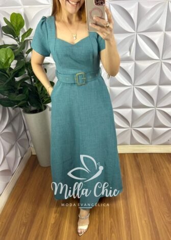Vestido Cambraia De Linho Longo Com Cinto Encapado Sofia - Verde - Milla Chic