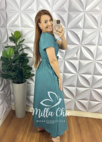 Vestido Cambraia De Linho Longo Com Cinto Encapado Sofia - Verde - Milla Chic