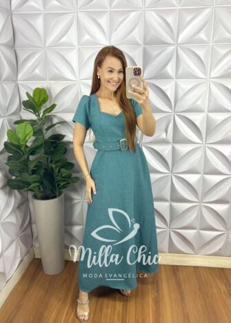 Vestido Cambraia De Linho Longo Com Cinto Encapado Sofia - Verde - Milla Chic