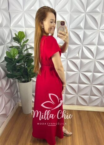 Vestido Cambraia De Linho Longo Com Cinto Encapado Sofia - Vermelho - Milla Chic