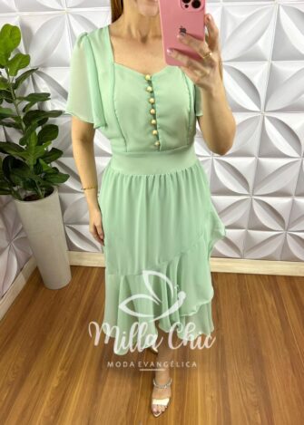 Vestido Chiffon Mídi Com Botões Madre Perola Catherine - Verde - Milla Chic