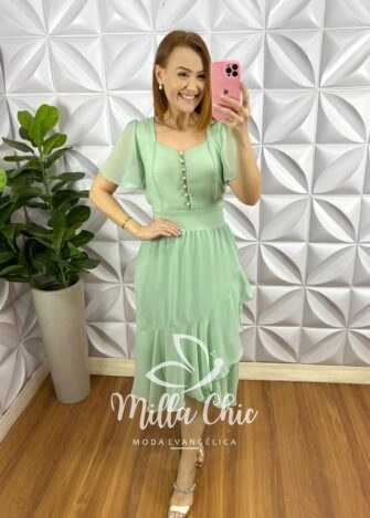 Vestido Chiffon Mídi Com Botões Madre Perola Catherine - Verde - Milla Chic