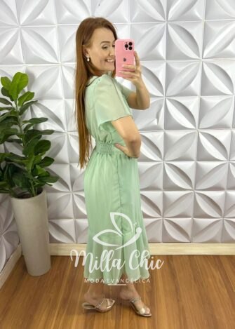 Vestido Chiffon Mídi Com Botões Madre Perola Catherine - Verde - Milla Chic