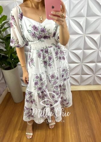 Vestido Chiffon Mídi Manga Abalone Com Marias Beth - Branco - Milla Chic