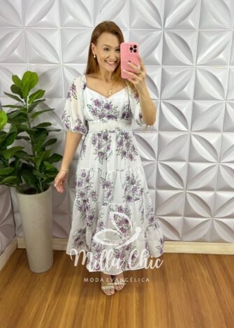 Vestido Chiffon Mídi Manga Abalone Com Marias Beth - Branco - Milla Chic