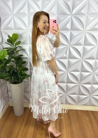 Vestido Chiffon Mídi Manga Abalone Com Marias Beth - Branco - Milla Chic