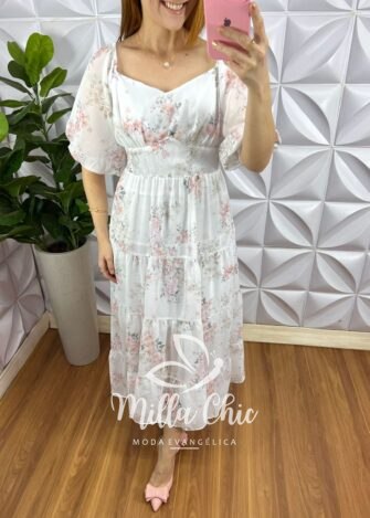Vestido Chiffon Mídi Manga Abalone Com Marias Beth - Branco - Milla Chic