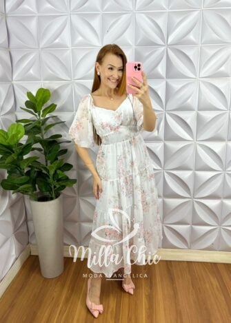 Vestido Chiffon Mídi Manga Abalone Com Marias Beth - Branco - Milla Chic