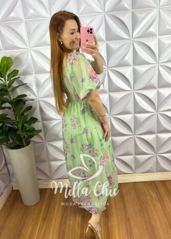 Vestido Chiffon Mídi Manga Abalone Com Marias Beth - Verde - Milla Chic