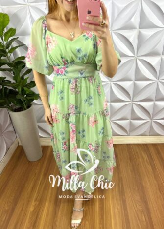 Vestido Chiffon Mídi Manga Abalone Com Marias Beth - Verde - Milla Chic
