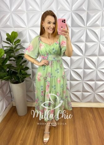Vestido Chiffon Mídi Manga Abalone Com Marias Beth - Verde - Milla Chic