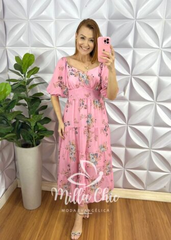 Vestido Chiffon Mídi Manga Abalone Com Marias Beth - Rosa - Milla Chic